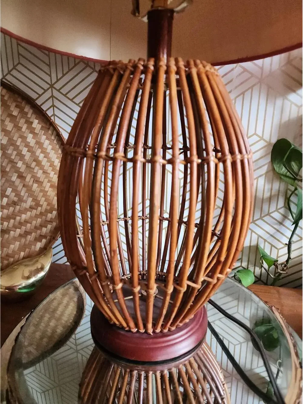 Vintage Boho Bamboo Rattan Wicker Table Lamp PAIR